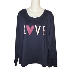 Anybody QVC Navy 'LOVE' Heart Graphic Long Sleeve Tee Shirt Top, Size XL